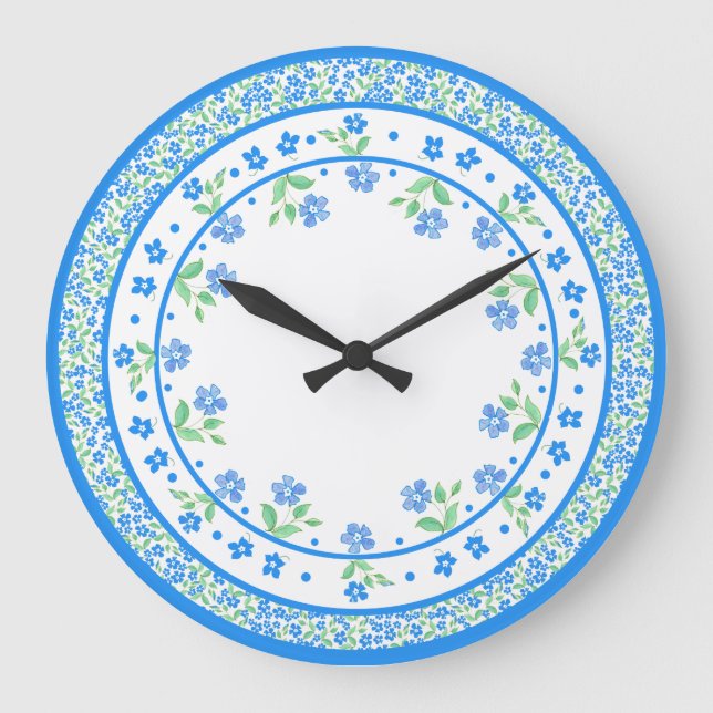 Pretty Blue Green Periwinkles Floral Round Border Large Clock (Front)