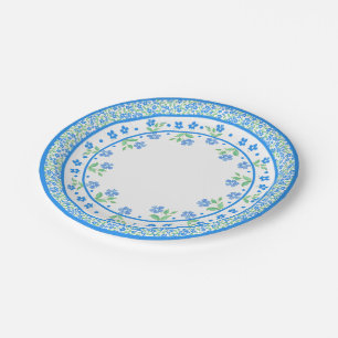 Pretty Blue Green Periwinkles Floral Round Border Paper Plate