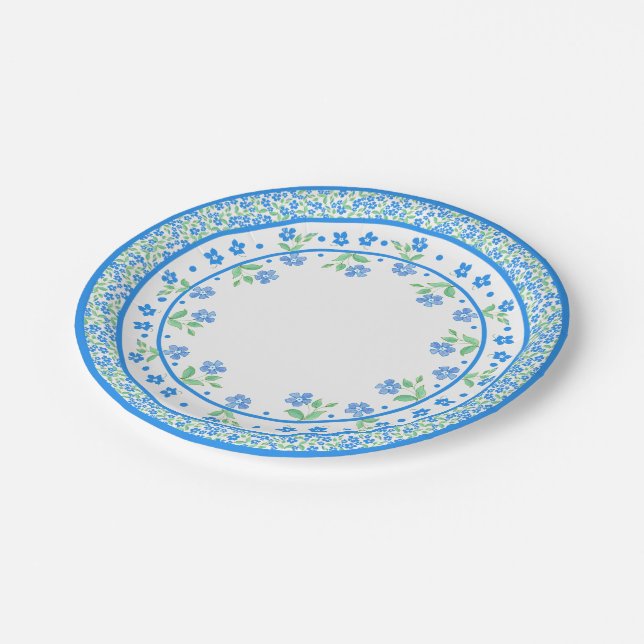 Pretty Blue Green Periwinkles Floral Round Border Paper Plate (Angled)