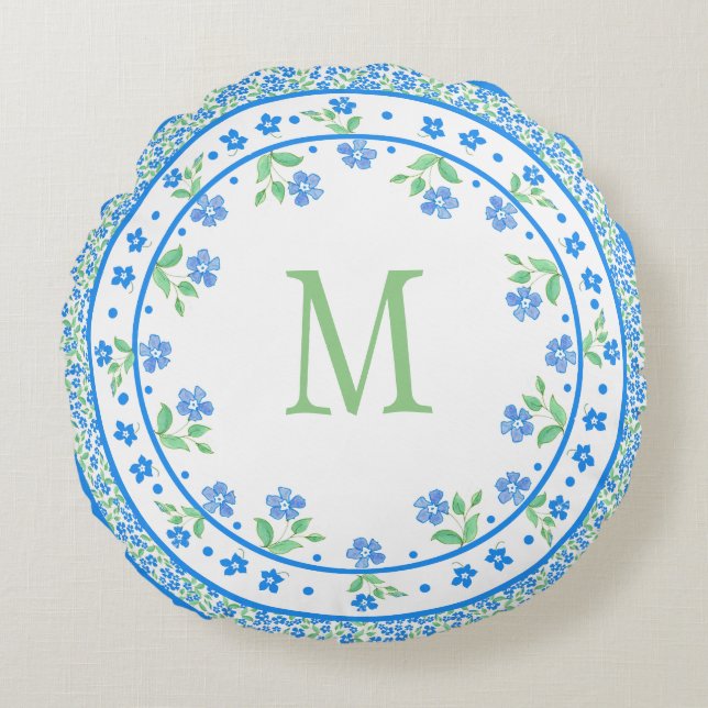Pretty Blue Green Periwinkles Floral Round Border Pillow (Front)