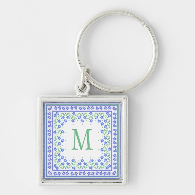 Pretty Blue Green Periwinkles Floral Square Border Keychain (Front)