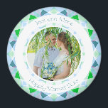 Pretty Blue Green Wedding Keepsake Photo Gift Magnet<br><div class="desc">Pretty Blue and Green Wedding Keepsake Photo Gift Magnets. In spring and summer colors of green and blue. A springtime and summertime modern geometric pattern round border surrounds the picture in the middle. Replace the photo on this budget friendly fridge magnet with a picture of your own wedding celebration. The...</div>