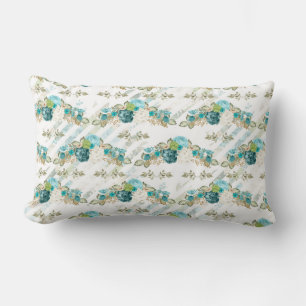 PRETTY BLUE GREEN WHITE WATERCOLOR FLOWERS LUMBAR PILLOW