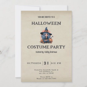 Pretty Blue Haired Witch Vintage Halloween Invitation