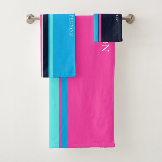 Pretty Blue & Hot Pink Line Style Personalized Bath Towel Set (Insitu)