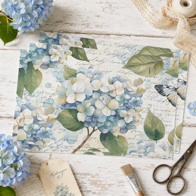 Pretty Blue Hydrangea Ephemera Script Decoupage Tissue Paper (Creator Uploaded)
