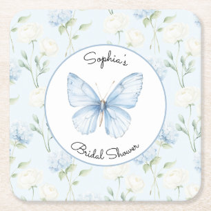 Pretty Blue Hyndrangea Flowers Bridal Shower Square Paper Coaster