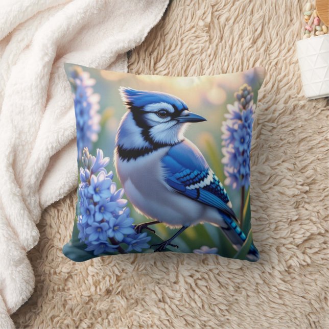 Pretty Blue Jay and Lilacs  Throw Pillow (Blanket)