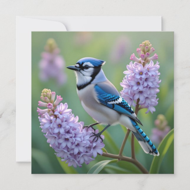 Pretty Blue Jay Standing on Lilac Branches (Front)
