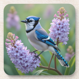Pretty Blue Jay Standing on Lilac Branches Coaster