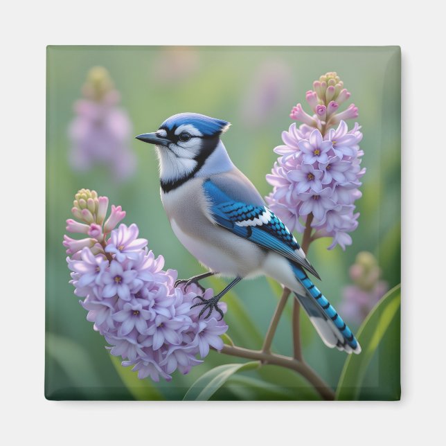 Pretty Blue Jay Standing on Lilac Branches Magnet (Front)