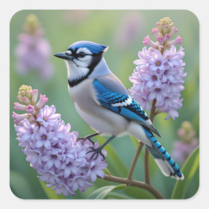 Pretty Blue Jay Standing on Lilac Branches Square Sticker