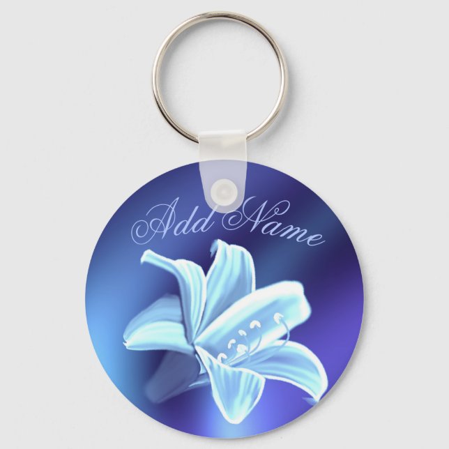 Pretty Blue Lily Flower Personalized Keychain (Front)