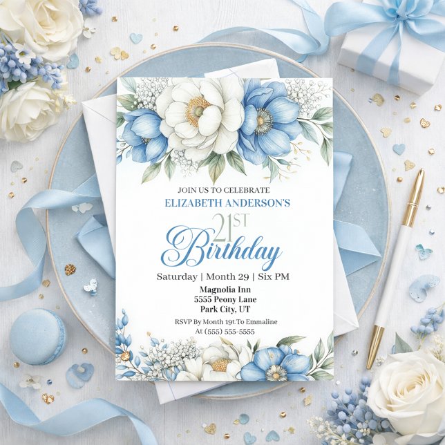 Pretty Blue Magnolia and Peony 21st Birthday Invitation (Creator Uploaded)