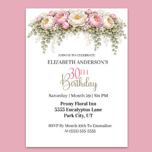 Pretty Blue Magnolia and Peony 30th Birthday Invitation