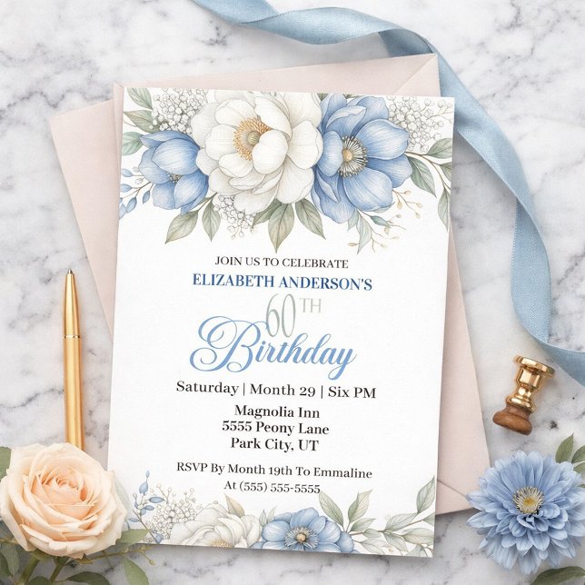 Pretty Blue Magnolia and Peony 60th Birthday Invitation (Creator Uploaded)