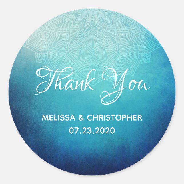 Pretty Blue Mandala Abstract Wedding Thank You Classic Round Sticker (Front)