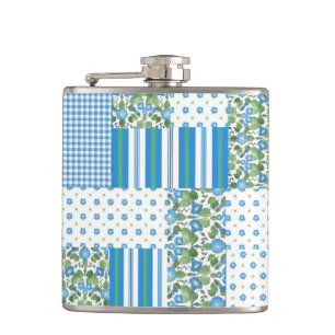 Pretty Blue Morning Glory Faux Patchwork Hip Flask