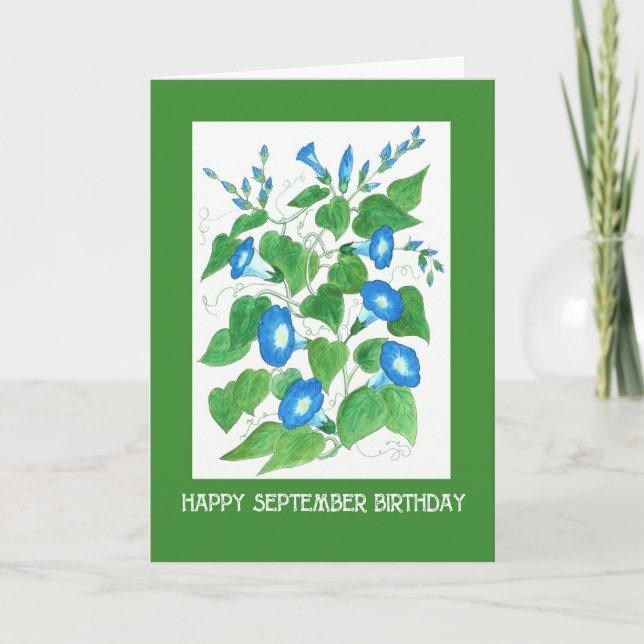Pretty Blue Morning Glory September Birthday Card (Front)