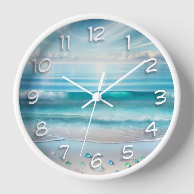 Pretty Blue Ocean Waves and Sea Glass  Clock (Front)