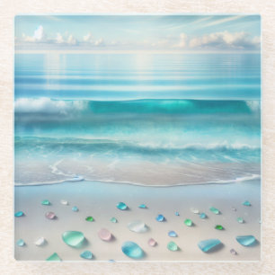 Pretty Blue Ocean Waves and Sea Glass Glass Coaster