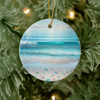 Pretty Blue Ocean Waves and Sea Glass Personalized Ceramic Ornament