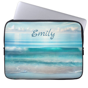 Pretty Blue Ocean Waves and Sea Glass Personalized Laptop Sleeve