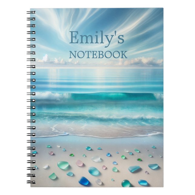 Pretty Blue Ocean Waves and Sea Glass Personalized Notebook (Front)