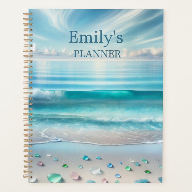 Pretty Blue Ocean Waves and Sea Glass Personalized Planner (Front)