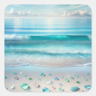 Pretty Blue Ocean Waves and Sea Glass  Square Sticker