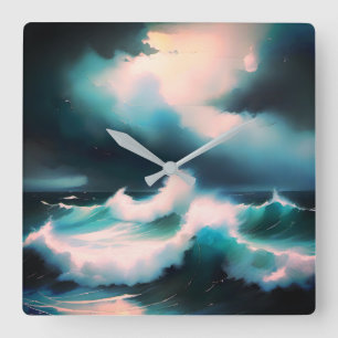 Pretty Blue Ocean waves painting Square Wall Clock