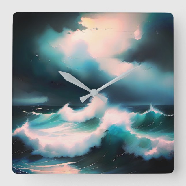 Pretty Blue Ocean waves painting Square Wall Clock (Front)