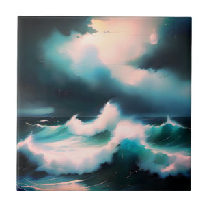Pretty Blue Ocean waves painting Tile