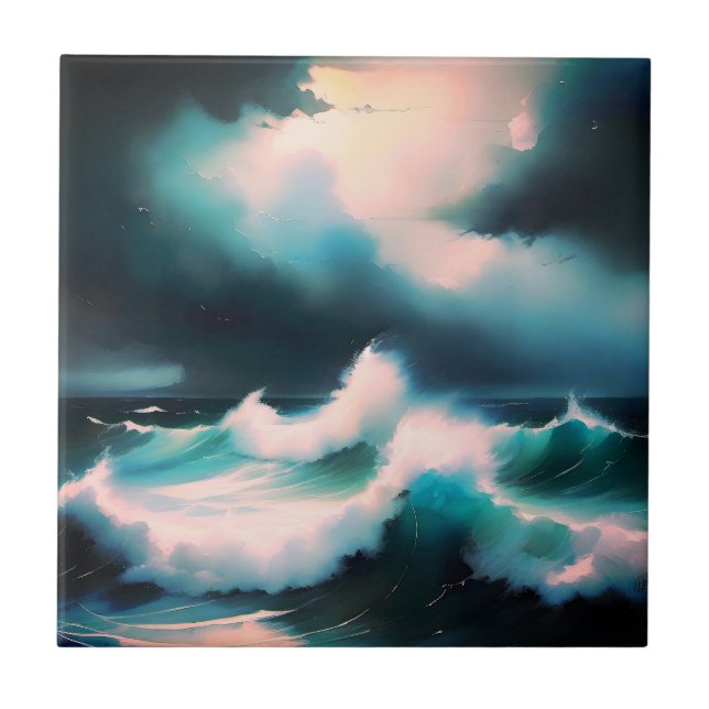 Pretty Blue Ocean waves painting Tile (Front)