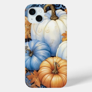 PRETTY BLUE ORANGE WHITE FALL AUTUMN PUMPKINS iPhone 15 MINI CASE