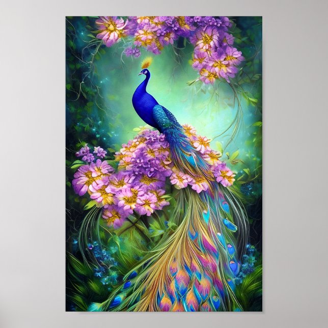 Pretty blue peacock and purple floral poster (Front)