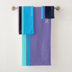 Pretty Blue & Periwinkle Line Style Personalized Bath Towel Set