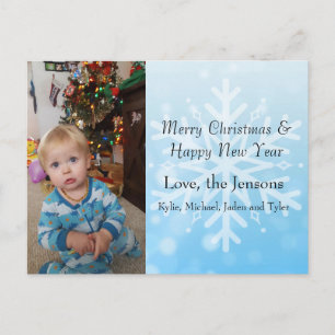 Pretty Blue Personalize Snowflake Photo Christmas Postcard