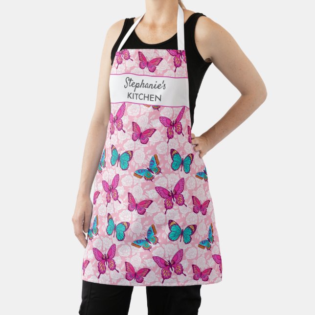 Pretty Blue Pink Butterfly Floral Pattern Custom A Apron (Insitu)