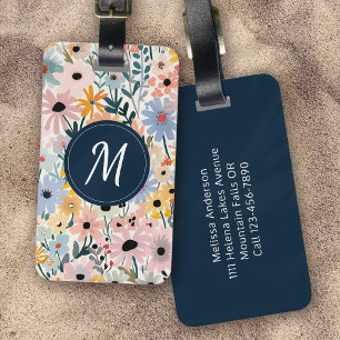 Pretty Blue Pink Floral Monogram Luggage Tag