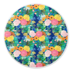 Pretty Blue Pink Flowers Boho Design Ceramic Knob