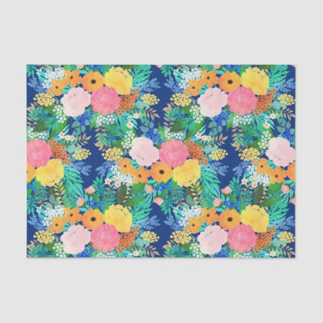 Pretty Blue Pink Flowers Boho Design Tissue Paper (Front)