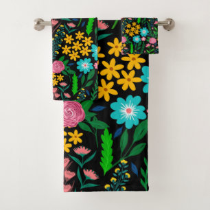 Pretty Blue Pink Garden Flowers Black Design Bath Towel Set
