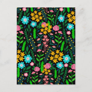 Pretty Blue Pink Garden Flowers Black Design Holiday Postcard