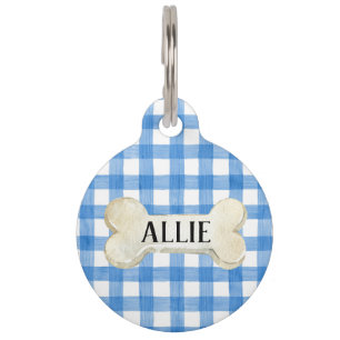 Pretty Blue Plaid Personalized Dog Pet Tag