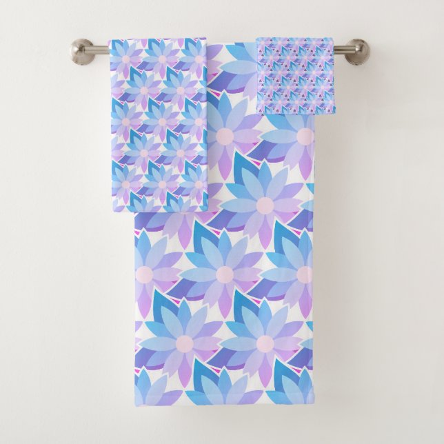 Pretty Blue Purple Flower Bath Towel Set (Insitu)