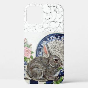 Pretty Blue Rabbit Floral Dedham Delft Animal  Cas iPhone 12 Case