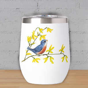 Pretty Blue Red Bird on Branch Yellow Flowers
