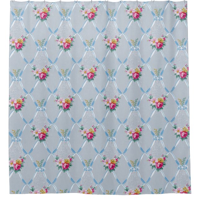 Pretty Blue Ribbons Rose Floral Vintage Wallpaper (Front)