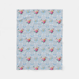 Pretty Blue Ribbons Rose Floral Vintage Wallpaper Fleece Blanket